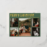 Carte Postale De Vacances En Aluminium Simple Noël Vert Cinq Photo Or<br><div class="desc">Cette simple carte de vacances en feuille d'or vert de Noël cinq photos est parfaite pour votre accueil de Noël de luxe moderne. La police festive décontractée mais classique est faite avec de l'or pressé de qualité supérieure en papier d'aluminium, permettant un look rustique minimaliste brillant. Le Lettering se marie...</div>