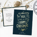 Carte Postale De Vacances En Aluminium Souhaitez-vous Joyeux Noël bleu or non photo<br><div class="desc">Souhaitez-Vous Joyeux Noël Blue Gold Script Non Photo Real Foil Carte Postale Foil Holiday. Envoyez des voeux de vacances à vos proches avec cette carte de vacances moderne et festive. Tous les textes sont pré-arrangés pour que vous personnalisiez facilement et rapidement avec vos propres détails. Joyeuses fêtes !</div>