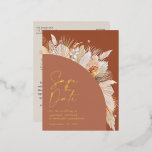 Carte Postale De Vacances En Aluminium Teracotta pampas en terre cuite moderne<br><div class="desc">Mariage en feuille stylisée en terre cuite bohème enregistrer l'invitation à la date.</div>