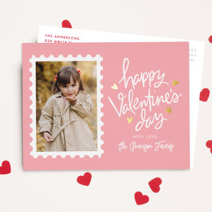Carte Postale De Vacances En Aluminium Timbre de Coeurs rose et or Photo Saint-Valentin