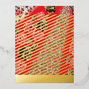 Carte Postale De Vacances En Aluminium Tissu rouge éclatant avec floral complexe et