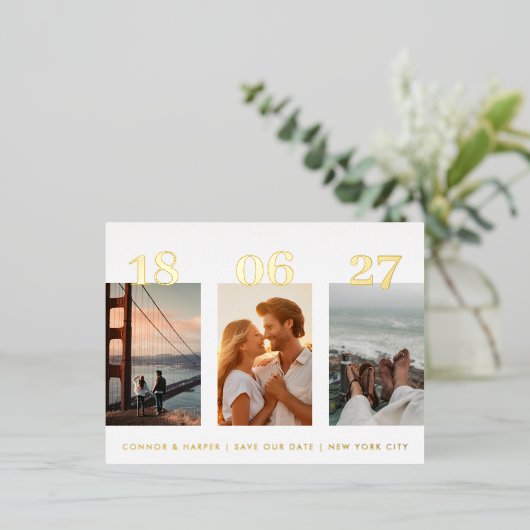 Carte Postale De Vacances En Aluminium Trois Photo Enregistrer La Date Mariage (Debout devant)