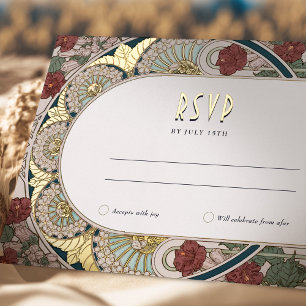 Carte Postale De Vacances En Aluminium Turquoise Bourgogne Gold RSVP Répondre Art Nouveau