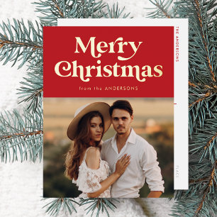 Carte Postale De Vacances En Aluminium Type Rétro Joyeux Noël Photo Rouge et Or