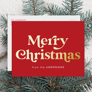 Carte Postale De Vacances En Aluminium Type Rétro Joyeux Noël Rouge et Or