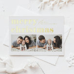 Carte Postale De Vacances En Aluminium Typographie rétro Joyeux Noël Deux photos<br><div class="desc">Joyeux Noël! Envoyez vos voeux de Noël à votre famille et à vos amis avec cette carte postale de Noël personnalisable. Il présente une typographie rétro et audacieuse. Personnalisez en ajoutant vos détails. Cette carte postale de Noël en feuille d'or est disponible sur d'autres cartes. Des éléments correspondants sont disponibles....</div>