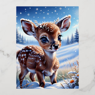Carte Postale De Vacances En Aluminium Un petit cerf mignon sur une prairie hivernale, gr