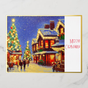 Carte Postale De Vacances En Aluminium Village à Noël avec des gens et des décorations 