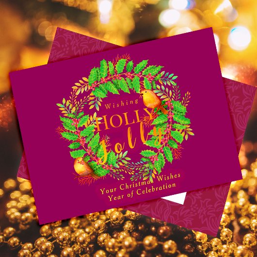 Carte Postale De Vacances En Aluminium Wreath Holly Jolly Vin de famille