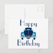 Carte postale de voiture bleue de joyeux anniversa (Devant / Derrière)