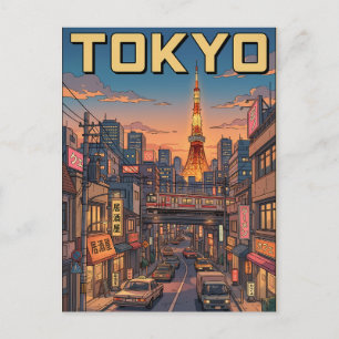 Carte postale de voyage d'animé vintage de Tokyo