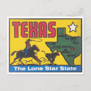 Carte Postale Décalage d'état vintage du Texas avec cowboy