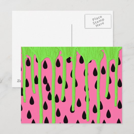 Carte Postale Déchets de peinture vert néon à pastèque funky (Devant / Derrière)