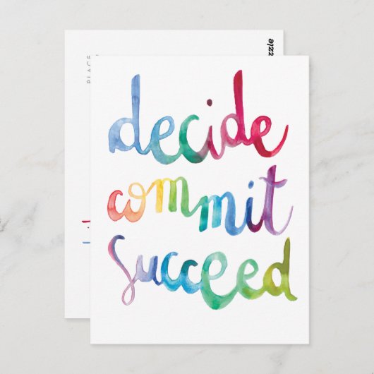 Carte Postale Décider Commit Réussir Colorful Motivational (Devant / Derrière)