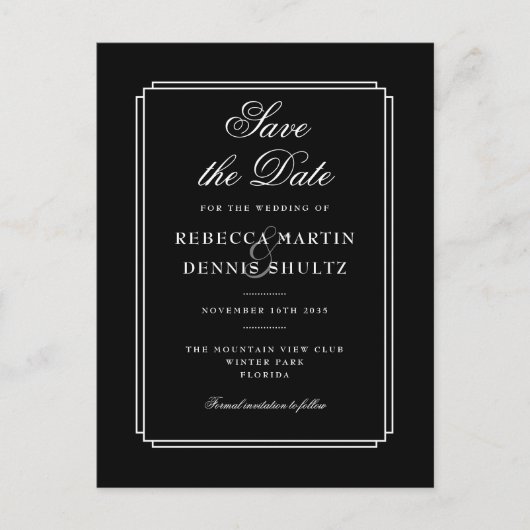 Carte Postale Déco classique | Noir et blanc Enregistrer la date (Devant)