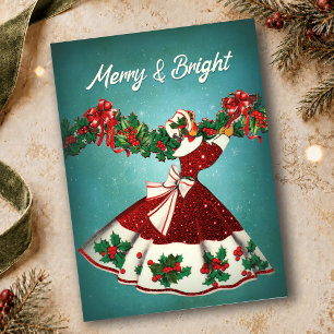 Carte Postale Décoration de Noël vintage fille paillettes rouges