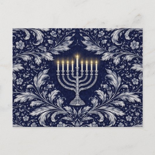 Carte Postale Deep Navy Menorah William Morris Pattern (Devant)