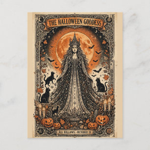 Carte Postale Déesse d'Halloween Sorcière Gothique Vintage Chat