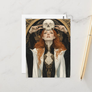 Carte Postale Déesse rousse Femme Avec un Crâne