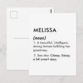 Carte Postale Définition de nom Melissa modifiable, nom personna (Devant / Derrière)