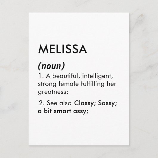 Carte Postale Définition de nom Melissa modifiable, nom personna (Devant)