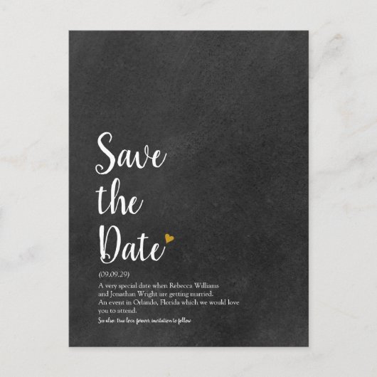 Carte Postale Définition de Save the Date Script Cœur d'Or (Devant)