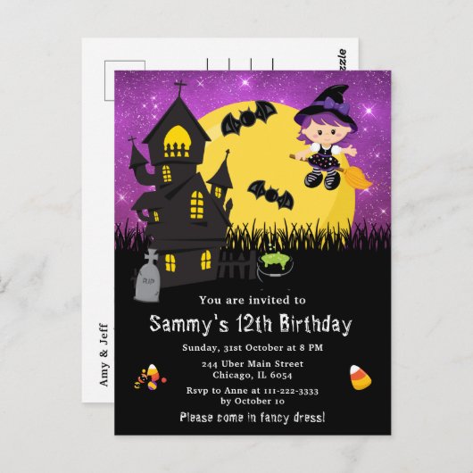 Carte Postale Déguisement Halloween Anniversaire Sorcière Violet (Devant / Derrière)