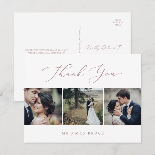 Carte Postale Delicate Rose Gold 3 Photo Template Thank You (Devant / Derrière)