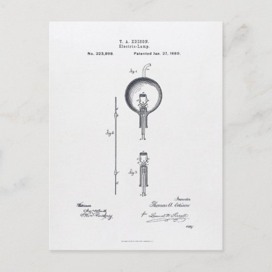 Carte Postale Demande de brevet de l'ampoule légère de Thomas Ed (Devant)