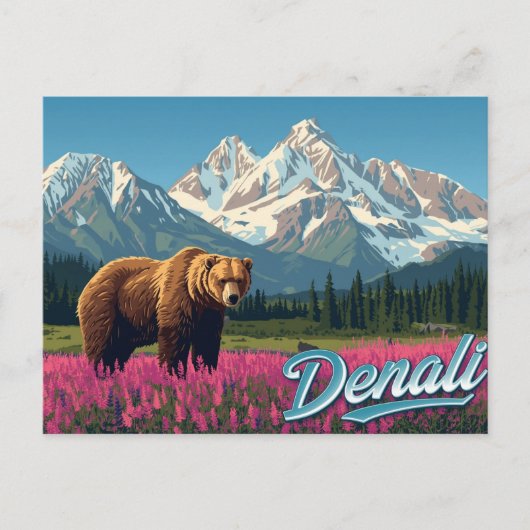 Carte Postale Denali Grizzly Bear Wildflower Art (Devant)