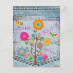 Carte Postale Denim Back Fleurs de poche Paix Aimer Espoir