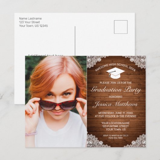 Carte Postale Dentelle blanche rustique Bois blanc Graduation Ph (Devant / Derrière)