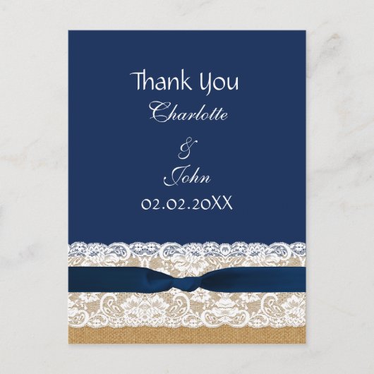 Carte Postale dentelle burlap, Merci mariage rustique (Devant)