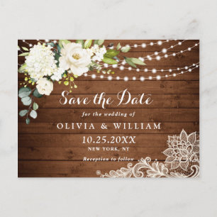 Carte Postale Dentelle de Roses Blanches Mariage rustique Enregi