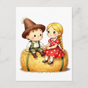 Carte Postale Des enfants de la campagne sur une botte de foin,