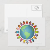 Carte Postale Des figurines multiethniques encerclent le monde (Devant / Derrière)