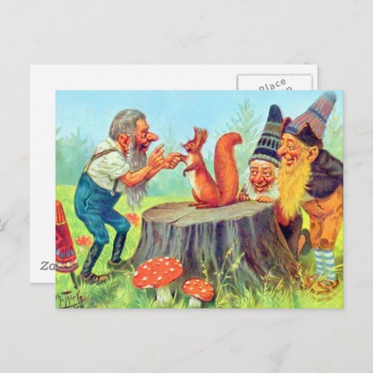 Carte Postale Des Gnomes amicaux observent un écureuil (Devant / Derrière)