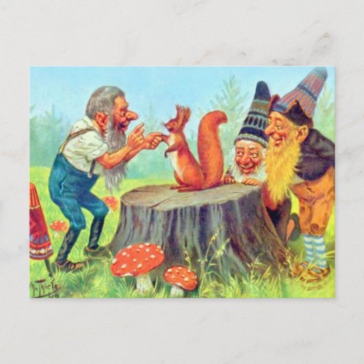 Carte Postale Des Gnomes amicaux observent un écureuil (Devant)
