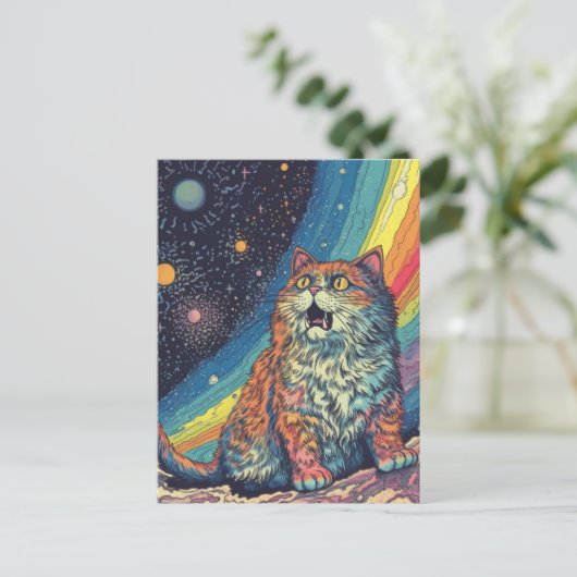 Carte Postale Des vaches de chat dans l'espace avec arc en ciel (Debout devant)