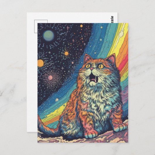 Carte Postale Des vaches de chat dans l'espace avec arc en ciel (Devant / Derrière)