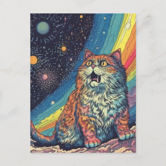 Carte Postale Des vaches de chat dans l'espace avec arc en ciel (Devant)