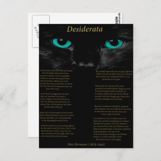 Carte Postale Desiderata chat noir avec ses yeux Turquoise (Devant / Derrière)