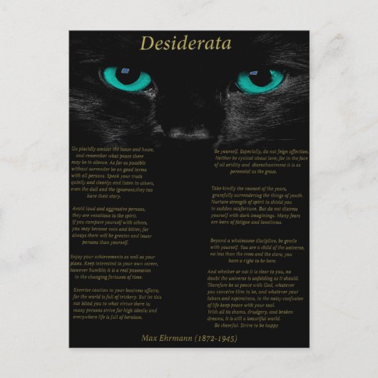 Carte Postale Desiderata chat noir avec ses yeux Turquoise (Devant)
