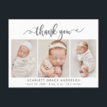 Carte Postale Design chic moderne Baby 3 Photo Collage Merci<br><div class="desc">Design Élégant Script 3 Photo Collage Nouveau-né Baby Merci Carte postale Faire-part de naissance. Dispose d'un joli texte "merci" dans une calligraphie manuscrite tourbillonnant swash tail script de police en noir et blanc. Le message personnel préfabriqué et les statistiques sur la naissance avec le nom du bébé sont inclus. Idéal...</div>