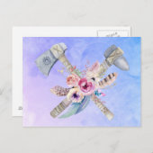 Carte Postale Design en aquarelle Tomahawk marteau et fleurs (Devant / Derrière)