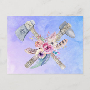 Carte Postale Design en aquarelle Tomahawk marteau et fleurs