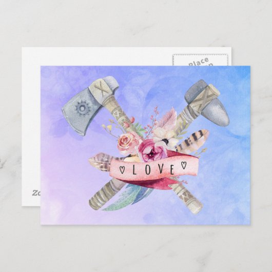 Carte Postale Design en aquarelle Tomahawk marteau et fleurs (Devant / Derrière)