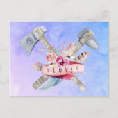Carte Postale Design en aquarelle Tomahawk marteau et fleurs (Devant)