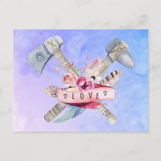 Carte Postale Design en aquarelle Tomahawk marteau et fleurs (Devant)