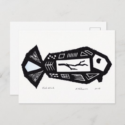 Carte postale Design Linocut Stick Poisson (Devant / Derrière)